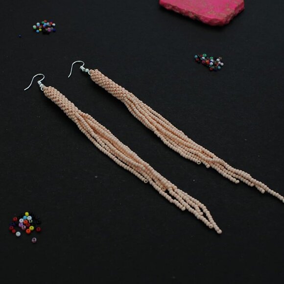 Long Beaded Dangle Earrings – Boho Native Handmade Seed Bead Tassel Bohemian Lar - Picture 4 of 4